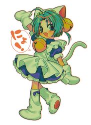 Rule 34 | 1girl, :d, ahoge, animal ears, animal hat, apron, aqua eyes, aqua hair, arm at side, arm up, bell, blue bow, blue dress, blush, bow, cat ears, cat girl, cat hat, cat tail, commentary request, dejiko, di gi charat, dress, footwear bow, gloves, hair bell, hair ornament, hat, highres, jingle bell, maid, maid apron, menma (enaic31), neck bell, open mouth, outstretched arm, parted bangs, paw shoes, puffy short sleeves, puffy sleeves, short hair, short sleeves, signature, smile, solo, speech bubble, standing, standing on one leg, tail, translation request, white apron, white background, white footwear, white gloves, white hat, white tail