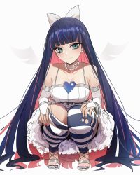 Rule 34 | 1girl, :3, absurdres, angel wings, aqua eyes, bare shoulders, black nails, blue hair, blue nails, blue thighhighs, blunt bangs, blush, bow, breasts, bridal gauntlets, choker, cleavage, closed mouth, collarbone, colored inner hair, commentary, cross-laced footwear, dress, frilled choker, frills, full body, hair bow, hair ornament, heart, high heels, highres, kiritzugu, kneeling, large breasts, long hair, looking at viewer, multicolored hair, nail polish, panty &amp; stocking with garterbelt, pink hair, puffy dress, red nails, sandals, short dress, silver footwear, simple background, smile, solo, stocking (psg), straight hair, striped clothes, striped thighhighs, thighhighs, torn clothes, torn thighhighs, tsurime, two-tone hair, very long hair, white background, white bow, white choker, white dress, wings