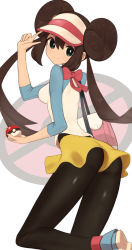 Rule 34 | 1girl, arched back, ass, black pantyhose, bow, breasts, bright pupils, brown hair, closed mouth, commentary request, creatures (company), double bun, doughnut hair bun, game freak, green eyes, hair bun, hand up, hat, highres, holding, holding poke ball, index finger raised, long hair, looking at viewer, looking back, medium breasts, nintendo, nuneno, pantyhose, pantyhose under shorts, pink bow, poke ball, poke ball (basic), pokemon, pokemon bw2, raglan sleeves, rosa (pokemon), shirt, short shorts, shorts, smile, solo, twintails, very long hair, visor cap, white hat, white pupils, yellow shorts