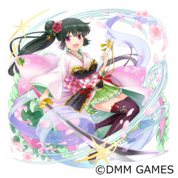 Rule 34 | 1girl, :d, armor, black thighhighs, breasts, dmm, flower, green skirt, hair flower, hair ornament, hijiri creator onna gakuen, holding, holding sword, holding weapon, japanese clothes, katana, kimono, medium breasts, official art, open mouth, pink eyes, pink flower, pink flowers, pointy ears, sheath, side ponytail, skirt, smile, sword, thighhighs, weapon, white background, wide sleeves