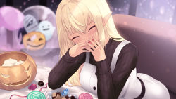 Rule 34 | 1girl, :d, bad id, bad pixiv id, blonde hair, blurry, blurry background, cait aron, candle, candy, checkerboard cookie, closed eyes, commentary, cookie, elbow rest, facing viewer, food, hair between eyes, halloween, halloween bucket, covering own mouth, head tilt, highres, hololive, indoors, leaning forward, lollipop, long hair, long sleeves, open mouth, pointy ears, shiranui flare, smile, solo, swirl lollipop, virtual youtuber