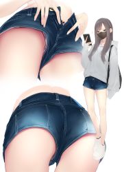 Rule 34 | 1girl, ama mitsuki, ass, bag, bare legs, breasts, brown eyes, brown hair, commentary request, denim, denim shorts, eighth note, full body, grey sweater, handbag, highres, holding, holding phone, long hair, long sleeves, mask, mouth mask, multiple views, musical note, open clothes, open fly, open shorts, original, panties, phone, pink panties, platform footwear, short shorts, shorts, shoulder bag, simple background, sleeves past wrists, small breasts, standing, striped clothes, striped panties, sweater, twitter username, underwear, undressing, upshorts, vertical-striped clothes, vertical-striped panties, white background, white footwear