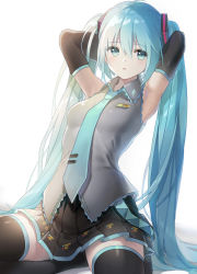 Rule 34 | 1girl, aqua eyes, aqua hair, aqua necktie, armpits, arms up, black skirt, black sleeves, black thighhighs, blush, collared shirt, commentary request, detached sleeves, grey shirt, hands in hair, hatsune miku, highres, long hair, long sleeves, looking at viewer, miniskirt, necktie, parted lips, pleated skirt, shirt, simple background, sitting, skirt, solo, thighhighs, tsukiringo, twintails, very long hair, vocaloid, white background, zettai ryouiki