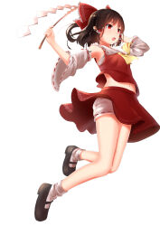 Rule 34 | 1girl, absurdres, arms up, bare legs, bare shoulders, bow, brown hair, detached sleeves, flat chest, frilled shirt collar, frills, from below, full body, gohei, hair bow, hair tubes, hakurei reimu, highres, holding, holding stick, long sleeves, looking ahead, medium hair, midriff, navel, open mouth, red bow, red skirt, red vest, reito (lyra-yasao-0628), sarashi, serious, simple background, skirt, skirt set, solo, stick, touhou, underwear, upskirt, v-shaped eyebrows, vest, white background, wide sleeves