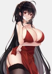 Rule 34 | 1girl, ahoge, arm under breasts, azur lane, black hair, black thighhighs, blush, breast hold, breasts, choker, cleavage, clothes lift, cocktail dress, collarbone, crossed bangs, dress, dress lift, garter straps, hair between eyes, hair ornament, hand to own mouth, highres, large breasts, lifting own clothes, long hair, looking at viewer, muki (muki kunxd), official alternate costume, one side up, parted lips, red choker, red dress, red eyes, resolution mismatch, revision, simple background, solo, source smaller, standing, taihou (azur lane), taihou (forbidden feast) (azur lane), thighhighs, very long hair, white background