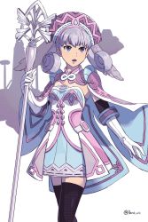 Rule 34 | 1girl, aono wo, blue eyes, breasts, cape, cowboy shot, dress, gloves, hat, head wings, highres, holding, holding staff, melia antiqua, short dress, silver hair, simple background, small breasts, solo, staff, thighhighs, twitter username, white background, white gloves, wings, xenoblade chronicles (series), xenoblade chronicles 1, zettai ryouiki