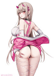 Rule 34 | 1girl, absurdres, ass, bare shoulders, black collar, black panties, blush, breasts, collar, crop top, ekuskarma, fishnets, from behind, goddess of victory: nikke, hair intakes, highres, horns, jacket, large breasts, light brown hair, long hair, off-shoulder jacket, off shoulder, panties, pink eyes, pink horns, pink jacket, sidelocks, simple background, solo, thighhighs, twitter username, two-sided fabric, two-sided jacket, underwear, very long hair, viper (nikke), white background, white jacket