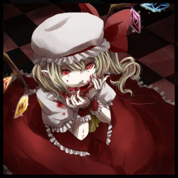 Rule 34 | 1girl, ascot, bad id, bad pixiv id, blonde hair, blood, blush, checkered floor, embodiment of scarlet devil, fangs, female focus, flandre scarlet, floor, hat, highres, meso, open mouth, red eyes, short hair, side ponytail, sitting, skirt, solo, tongue, tongue out, touhou, wings