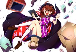 Rule 34 | baba (baba seimaijo), bow, box, brown eyes, brown hair, cape, cardboard box, commentary request, fedora, glasses, hat, hat bow, highres, kneehighs, loafers, low twintails, medium hair, plaid, plaid skirt, plaid vest, puffy short sleeves, puffy sleeves, red-framed eyewear, school uniform, semi-rimless eyewear, shoes, short sleeves, skirt, socks, solo, stuffed animal, stuffed toy, teddy bear, television, touhou, twintails, under-rim eyewear, usami sumireko, vest, white bow, white socks