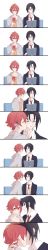 Rule 34 | 1052264052, 2boys, absurdres, ahoge, bishounen, black hair, blue hair, book, couch, fly away (idolish7), highres, holding, holding book, holding phone, idolish7, incredibly absurdres, izumi iori, kiss, kissing cheek, long image, male focus, multiple boys, nanase riku, open mouth, phone, red eyes, red hair, short hair, smile, tall image, white background