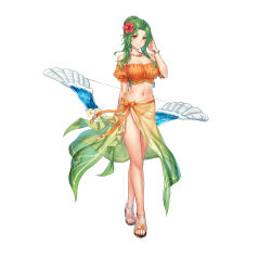 Rule 34 | 1girl, absurdres, adapted costume, anbe yoshirou, bare shoulders, bikini, bow (weapon), bracelet, breasts, brown eyes, cleavage, closed mouth, commentary request, elincia ridell crimea, fire emblem, fire emblem: path of radiance, fire emblem: radiant dawn, fire emblem heroes, flower, frills, full body, gradient clothes, green hair, hair bun, hair flower, hair ornament, hand up, hibiscus, highres, holding, holding bow (weapon), holding weapon, jewelry, long hair, looking at viewer, medium breasts, navel, necklace, nintendo, off-shoulder bikini, off shoulder, official art, parted bangs, puffy short sleeves, puffy sleeves, ribbon, sarong, see-through, short sleeves, simple background, smile, solo, standing, stomach, swimsuit, thighs, weapon, white background