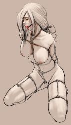 Rule 34 | 1girl, arms behind back, ball gag, bdsm, blush, bondage, bound, bound legs, breasts, closed eyes, crotch rope, drooling, frogtie, gag, gagged, kneeling, nagumo (qmzp10), nude, ponytail, rope, saliva, shibari, simple background, solo