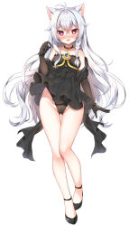 1girl, :d, animal ears, bangs, bare shoulders, black collar, black dress, black footwear, black gloves, black leotard, blush, braid, breasts, cat ears, collar, collarbone, commentary request, commission, dress, elbow gloves, eyebrows visible through hair, frilled dress, frills, full body, gloves, gluteal fold, groin, hair between eyes, heart, heart-shaped pupils, highres, leotard, looking at viewer, mauve, nose blush, open mouth, original, pixiv request, purple eyes, shoes, silver hair, simple background, small breasts, smile, solo, strapless, strapless dress, symbol-shaped pupils, thigh gap, white background