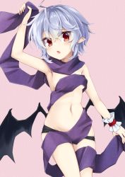 Rule 34 | 1girl, :o, ahoge, akisome hatsuka, arm up, armpits, bat wings, black panties, blue hair, blush, breasts, commentary request, contrapposto, cropped legs, groin, hair between eyes, head tilt, holding, holding clothes, holding scarf, light blush, lowleg, lowleg panties, navel, panties, pink background, pointy ears, purple scarf, red eyes, remilia scarlet, scarf, short hair, simple background, skindentation, small breasts, standing, topless, touhou, underboob, underwear, underwear only, wings, wrist cuffs