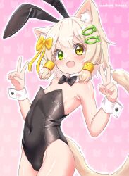Rule 34 | 1boy, animal background, animal ear fluff, animal ears, artist name, bare shoulders, black bow, black bowtie, black leotard, blush, bow, bowtie, cat boy, cat ears, cat tail, commentary request, covered navel, cowboy shot, detached collar, double v, fake animal ears, fang, fish hair ornament, green eyes, hair bow, hair ornament, hair tubes, hazakura hinata, heterochromia, highres, kaya (hazakura hinata), leotard, light brown hair, looking at viewer, male focus, male playboy bunny, open mouth, original, pink background, rabbit background, rabbit ears, short hair, skin fang, smile, solo, strapless, strapless leotard, tail, tareme, traditional bowtie, trap, v, variant set, wrist cuffs, yellow bow, yellow eyes
