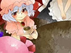 Rule 34 | 3girls, apron, bat wings, cup, from behind, gem, hammer (sunset beach), hat, izayoi sakuya, maid apron, mob cap, multiple girls, out of frame, patchouli knowledge, pink headwear, puffy short sleeves, puffy sleeves, red eyes, remilia scarlet, short sleeves, smile, table, tea, teacup, touhou, wings