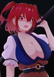 Rule 34 | 1girl, absurdres, black background, black sash, blue vest, breasts, cleavage, coin, coin on string, cookie (touhou), fingernails, frilled sleeves, frills, hair between eyes, hair bobbles, hair ornament, highres, holding, holding scythe, large breasts, looking at viewer, onozuka komachi, open mouth, puffy short sleeves, puffy sleeves, red eyes, red hair, sash, scythe, shaded face, shishou (cookie), short hair, short sleeves, simple background, solo, tatamaru5382, teeth, touhou, two side up, upper body, vest