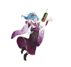 Rule 34 | 1girl, absurdres, ankle boots, blue hair, boots, bow, capelet, commentary request, fire emblem, fire emblem heroes, floating, floating object, fur trim, gold trim, gradient clothes, hair bow, hakama, hakama skirt, highres, ichibi, japanese clothes, kimono, long hair, long sleeves, looking away, nintendo, obi, official art, open mouth, outstretched arms, ponytail, reginn (fire emblem), sash, simple background, skirt, smile, solo, spread arms, white background, wide sleeves, yellow eyes