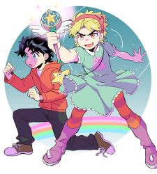 Rule 34 | 2boys, aqua dress, black hair, black pants, blonde hair, blue eyes, boots, border, cosplay, dio brando, dress, fang, hood, hoodie, jojo no kimyou na bouken, jonathan joestar, kirikabu-yume, knee boots, marco diaz, marco diaz (cosplay), multiple boys, okitsu kazuyuki, pants, pantyhose, purple footwear, rainbow, red eyes, round border, shoes, short hair, short sleeves, sneakers, star butterfly, star butterfly (cosplay), star vs the forces of evil, striped clothes, striped legwear, striped pantyhose, tagme, v-shaped eyebrows, voice actor connection, white background