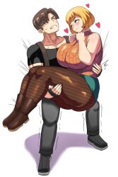 Rule 34 | 1boy, 1girl, ashley graham, blonde hair, blush, breasts, capcom, green eyes, heavy, highres, huge breasts, leon s. kennedy, lifting person, plump, resident evil, resident evil 4, resident evil 4 (remake), short hair, smile, thick thighs, thighs, wide hips, ytrall