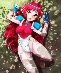 Rule 34 | 1girl, :o, armor, blue eyes, blue gloves, breastplate, brown footwear, cowboy shot, fingerless gloves, gloves, headband, highres, leotard, long hair, lying, mail (popful mail), on back, osamu yagi, pointy ears, popful mail, red hair, shiny skin, shoes, shoulder pads, solo