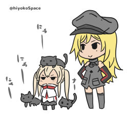 Rule 34 | 10s, 2girls, animal, animal on head, bare shoulders, bismarck (kancolle), black cat, blonde hair, capelet, cat, cat on head, commentary request, detached sleeves, graf zeppelin (kancolle), grey legwear, hat, kantai collection, long hair, megahiyo, military, military hat, military uniform, multiple girls, on head, peaked cap, smile, twintails, twitter username, uniform