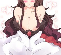 Rule 34 | 1girl, :o, bare shoulders, blush, breasts, brooch, brown hair, cleavage, collarbone, dress, head out of frame, imaizumi kagerou, jewelry, large breasts, layered dress, long hair, long sleeves, off shoulder, open mouth, out of frame, solo, star (symbol), starry background, sweat, touhou, v arms, very long hair, yokoshima (qb74pnkp)