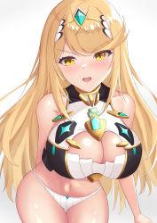 Rule 34 | 1girl, absurdres, bare shoulders, blonde hair, blush, breasts, chest jewel, cleavage, cleavage cutout, clothing cutout, earrings, embarrassed, gem, hair ornament, headpiece, highres, jewelry, large breasts, long hair, looking at viewer, mythra (xenoblade), navel, nintendo, open mouth, panties, shiratamaaji, solo, swept bangs, tiara, tsundere, underwear, very long hair, white background, xenoblade chronicles (series), xenoblade chronicles 2, yellow eyes