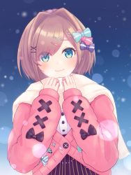 Rule 34 | 1girl, :3, alternate hairstyle, aqua eyes, bow, brown hair, buttons, cardigan, closed mouth, hair bow, hair ornament, hairclip, highres, light blush, lise imo, looking at viewer, nijisanji, pink cardigan, scarf, shirt, solo, suzuhara lulu, suzuhara lulu (1st costume), virtual youtuber, white shirt, x hair ornament