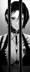 Rule 34 | absurdres, black bra, black hair, bra, chain, chest tattoo, collar, commentary request, crow (nikke), earrings, furo atsushi, goddess of victory: nikke, greyscale, highres, iron bars, jewelry, light smile, looking at viewer, monochrome, short hair, tattoo, underwear