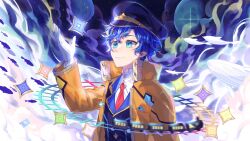 Rule 34 | 1boy, aqua eyes, astel leda, black hat, blonde hair, blue hair, blue jacket, cloud, diffraction spikes, gloves, hair between eyes, hand up, hat, high collar, highres, holostars, jacket, lapels, looking at object, male focus, motion blur, multicolored hair, necktie, notched lapels, open clothes, open jacket, orange jacket, peaked cap, railroad tracks, red necktie, school of fish, shirt, short hair, sky, smile, solo, star (sky), star (symbol), starry sky, streaked hair, swept bangs, train, tsukonin p, upper body, virtual youtuber, whale, white gloves, white shirt, white whale