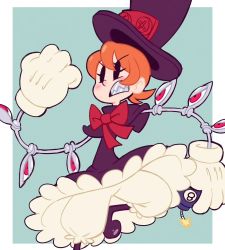 Rule 34 | 1girl, blue background, blush, bow, bowtie, clenched hand, clenched teeth, cyborg, dress, frilled dress, frills, george the bomb, gias-ex-machella, gloves, hat, highres, orange hair, peacock (skullgirls), short hair, skullgirls, solo, teeth, top hat