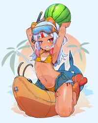 Rule 34 | 1girl, animal print, bikini, blue hair, blunt bangs, diving mask, diving mask on head, fins, fish tail, food, fruit, gawr gura, goggles, goggles on head, grey hair, gyaru, highres, hololive, hololive english, inflatable toy, looking at viewer, moral cacoethes, multicolored hair, red eyes, red hair, reflect (gawr gura), shark girl, shark tail, short shorts, shorts, shrimp, smile, snorkel, streaked hair, swimsuit, tail, tan, tanline, tiger print, virtual youtuber, watermelon