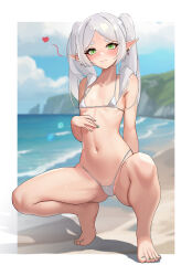 Rule 34 | 1girl, absurdres, ass, barefoot, beach, bikini, blue sky, blush, border, breasts, cloud, earrings, elf, frieren, green eyes, green nails, heart, highres, jewelry, looking at viewer, musicatopos, navel, pointy ears, silhouette, sky, small breasts, smile, solo, sousou no frieren, spread legs, squatting, swimsuit, thighhighs, thighs, twintails, white bikini, white border, white hair