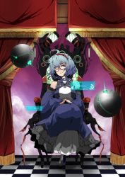 Rule 34 | 1girl, armchair, blue hair, chair, detached sleeves, glasses, hairband, highres, looking at viewer, one eye closed, original, potato pot, red eyes, short hair, solo