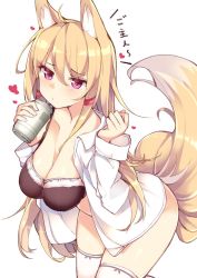 Rule 34 | 1girl, ahoge, animal ears, bad id, bad twitter id, black bra, blonde hair, blush, bra, breasts, can, cleavage, fox ears, fox tail, hair tie, haruyuki (yukichasoba), heart, holding, large breasts, leaning forward, long hair, no pants, open clothes, open shirt, original, pout, purple eyes, shirt, simple background, solo, tail, thighhighs, translated, underwear, white background, white thighhighs