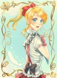 Rule 34 | 1girl, artist request, ayase eli, black bow, blonde hair, blue eyes, blue necktie, blush, bokura wa ima no naka de, bow, breasts, collar, earrings, feathers, female focus, fingerless gloves, frilled collar, frilled shirt, frilled shirt collar, frilled skirt, frilled sleeves, frills, gloves, hair bow, high collar, high ponytail, highres, idol, jewelry, long hair, looking at viewer, looking back, love live!, love live! school idol festival, love live! school idol project, navel, necktie, parted lips, plaid, plaid skirt, ponytail, popped collar, red bow, red gloves, red skirt, shirt, short hair, short sleeves, skirt, solo, striped, striped necktie, suspenders, swept bangs