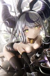 Rule 34 | 1girl, absurdres, alternate costume, animal ears, bare shoulders, black horns, black leotard, black thighhighs, braid, braided bangs, cirkus, commentary, detached collar, elbow gloves, fake animal ears, fake tail, fang, gloves, grey hair, highres, hololive, horns, la+ darknesss, leotard, long hair, multicolored hair, playboy bunny, pointy ears, purple hair, rabbit ears, rabbit tail, skin fang, slit pupils, strapless, strapless leotard, streaked hair, striped horns, tail, thighhighs, virtual youtuber, wrist cuffs, yellow eyes