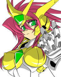 Rule 34 | 1girl, android, armor, banpresto, breasts, covered erect nipples, gem, green eyes, hair over breasts, helmet, impossible clothes, large breasts, long hair, looking at viewer, mecha, mecha musume, open mouth, pink hair, robot, sidelocks, simple background, solo, super robot wars, super robot wars the lord of elemental, upper body, valsione, valsione r