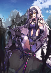 Rule 34 | 1girl, ahoge, armor, armored dress, bad id, bad pixiv id, bare shoulders, black footwear, black gloves, blacktheif, breasts, chain, cleavage, commentary request, day, fate/grand order, fate (series), gloves, headpiece, holding, holding sword, holding weapon, jeanne d&#039;arc (fate), jeanne d&#039;arc alter (avenger) (fate), jeanne d&#039;arc alter (avenger) (third ascension) (fate), jeanne d&#039;arc alter (fate), large breasts, long hair, looking at viewer, navel, outdoors, silver hair, sitting, smile, solo, sword, teeth, upper teeth only, weapon, yellow eyes