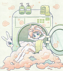 Rule 34 | 1girl, absurdres, aqua eyes, arms up, green background, highres, looking at viewer, naked towel, no nose, original, otoboke hoka, rabbit, signature, sitting, soap bubbles, solo, towel, washing machine, wide shot