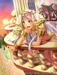 Rule 34 | 1girl, 2boys, arabian clothes, armlet, bad id, bad pixiv id, balcony, beach, blue eyes, bracelet, character request, dragon tactics, dutch angle, ichinose777, jewelry, lens flare, long hair, multiple boys, navel, necklace, official art, open mouth, outdoors, palm tree, ring, short hair, sky, solo focus, sun, tree, water