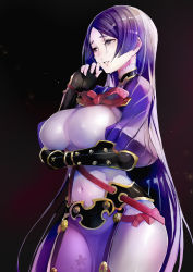 Rule 34 | 1girl, belt, black gloves, blush, bodysuit, breasts, contrapposto, covered navel, cowboy shot, covered erect nipples, fate (series), fingerless gloves, gloves, highres, large breasts, long hair, minamoto no raikou (fate), parted lips, pelvic curtain, puffy sleeves, purple background, purple bodysuit, purple eyes, purple hair, solo, sparks, standing, taishi (picchiridou), tears, vambraces, very long hair