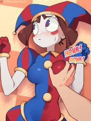 Rule 34 | 1girl, blush, breasts, glitch productions, gloves, grabbing, grabbing another&#039;s breast, hand on breast, hat, highres, jester, jester cap, medium breasts, multicolored eyes, pomni (the amazing digital circus), short hair, tears, the amazing digital circus, tobias wheller