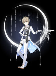 Rule 34 | 1boy, :d, ahoge, belt, black background, black sash, closers, crescent, cross tie, flower, full body, gloves, green eyes, grey hair, hair between eyes, hand up, heel up, highres, jacket, long jacket, long sleeves, mistilteinn (closers), official art, open mouth, outstretched arm, oxfords, pants, purple vest, sash, shirt, shoulder sash, smile, solo, standing, striped clothes, striped vest, tachi-e, thigh belt, thigh strap, vertical-striped clothes, vertical-striped vest, vest, white flower, white gloves, white jacket, white pants, white shirt