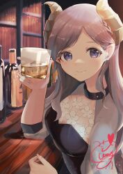 Rule 34 | 1girl, absurdres, bar (place), blush, bottle, breasts, brown horns, cleavage, closed mouth, commentary request, counter, cup, demon girl, demon horns, earrings, grey shirt, highres, holding, holding cup, honey strap, horns, ice, ice cube, jewelry, lace shirt, large breasts, long hair, looking at viewer, medium bangs, mole, mole under mouth, nanashi inc., ogura tubuan, pointy ears, purple eyes, purple hair, saionji mary, shirt, sidelocks, smile, solo, stud earrings, swept bangs, upper body, virtual youtuber