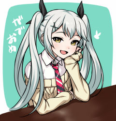 Rule 34 | 1girl, check translation, elbow rest, female focus, gabriella talinska, hair ornament, hair ribbon, hairclip, hand on own chin, head rest, kakuchou shoujo-kei trinary, long hair, looking at viewer, off shoulder, rabbit symbol, raised eyebrows, red neckwear, ribbon, silver hair, sitting, smile, solo, striped neckwear, sweat, sweater, table, tanaka gorbachev, translation request, twintails, upper body, yellow eyes, yellow sweater
