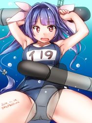 Rule 34 | 1girl, blue hair, breasts, cleavage, collarbone, cowboy shot, dated, gradient background, hair ribbon, i-19 (kancolle), kantai collection, large breasts, long hair, looking at viewer, name tag, open mouth, red eyes, ribbon, school swimsuit, solo, spread legs, star-shaped pupils, star (symbol), swimsuit, symbol-shaped pupils, tatsumi ray, torpedo, tri tails, twitter username, underwater