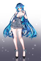 Rule 34 | 1girl, absurdres, artist name, bao (vtuber), blue hair, breasts, choker, commentary, covered navel, english commentary, full body, hair between eyes, high heels, highres, indie virtual youtuber, leotard, long hair, looking at viewer, medium breasts, open mouth, red eyes, ringeko-chan, solo, strapless, strapless leotard, teeth, tongue, very long hair, virtual youtuber, watermark