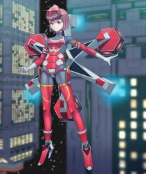 Rule 34 | absurdres, armor, blurry, blurry background, bob cut, bodysuit, breasts, brown hair, building, commentary request, cyborg, elbow gloves, floating, forehead protector, full body, gloves, grey bodysuit, high heels, highres, hispol (04-uma-alpha), jetpack, mecha musume, personification, short hair, sky, skyscraper, small breasts, solo, sonic (series), sonic adventure 2, sonic the hedgehog, star (sky), starry sky, thighhighs, thrusters, yellow eyes